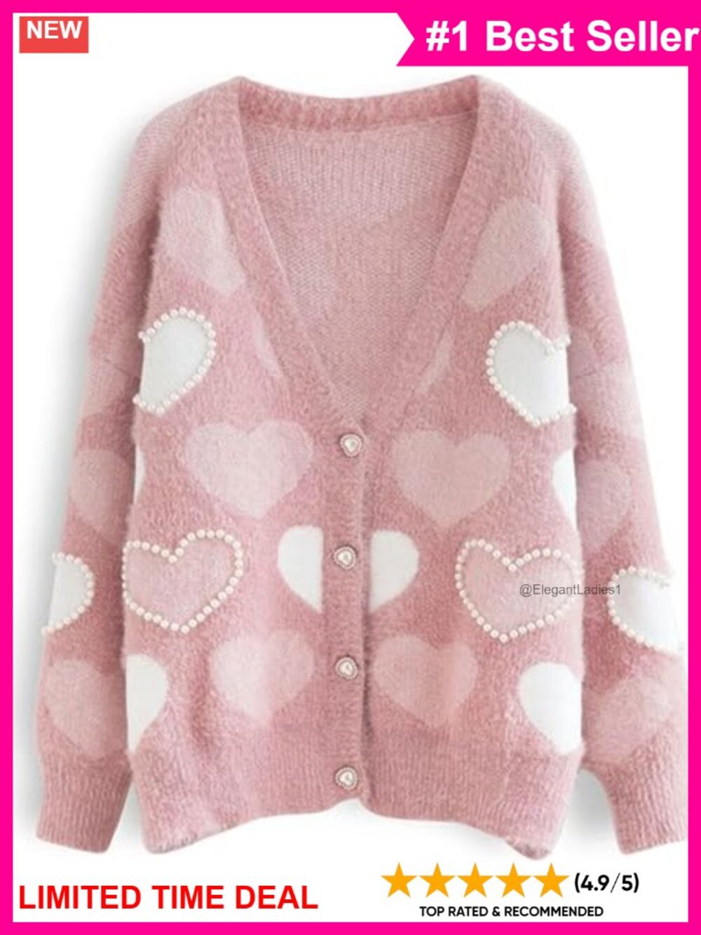 Women's Oversized Cable Knit Heart Cardigan Button Up V-Neck